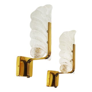 Brass and Glass Wall Lamps by Carl Fagerlund for Orrefors, 1970s, Set of 2 For Sale