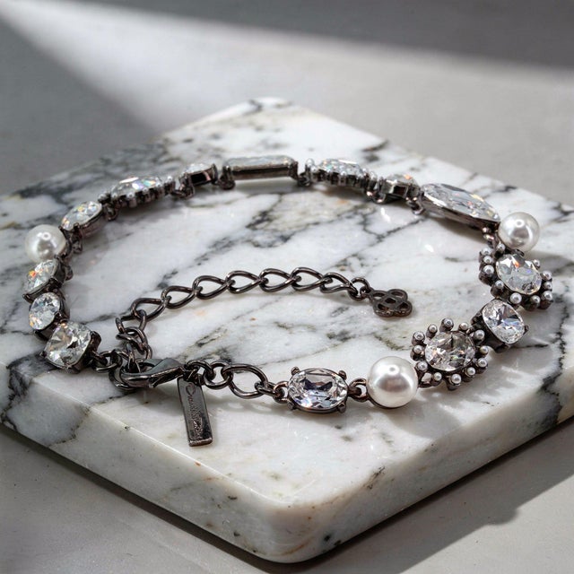 Oscar De La Renta Hematite Plated Crystal Pearl Multi-Stone Statement Necklace For Sale - Image 10 of 14