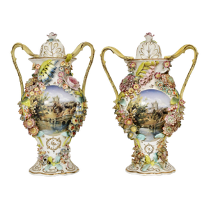Antique Pair /Hand-Painted Porcelain Covered Urns by Jacob Petit "French / 1868