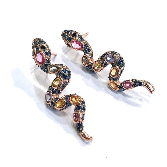 Baroque Bochic “Orient” Vintage Ruby & Sapphire Serpent Earrings Set 18K Gold & Silver For Sale - Image 3 of 9