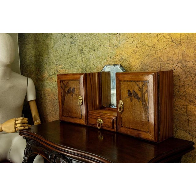 French Art Deco Pine Wood Wall Cabinet with Bird Marquetry & Mirror, 1930s For Sale - Image 13 of 18