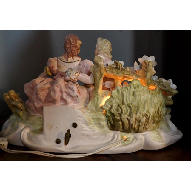 Darling Lighted Porcelain Rococo Revival Courting Couple – Vintage Romantic Figurine Lamp & Music Box – Maximalist Decor For Sale - Image 13 of 14