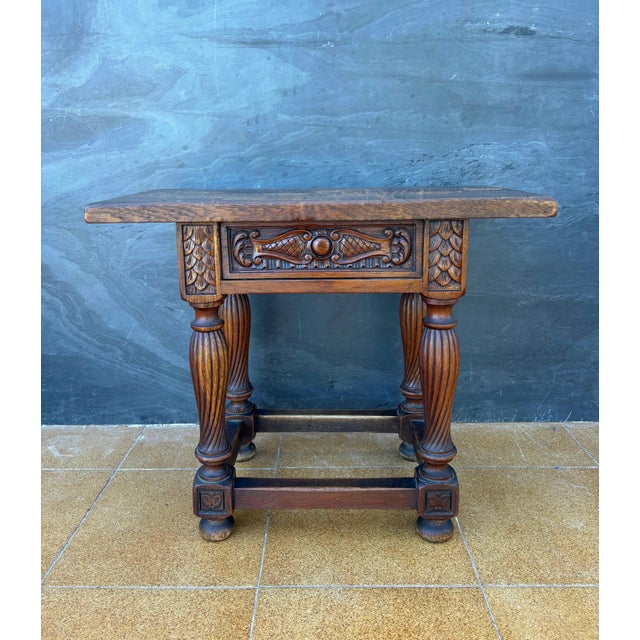 Spanish Renaissance Revival Oak Side Table with Drawer, Early 20th Century For Sale - Image 4 of 8