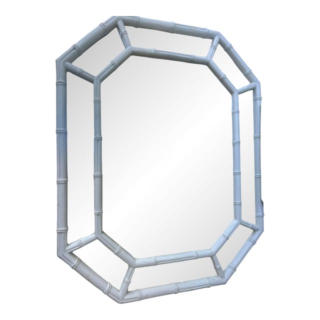 Mid Century White Faux Bamboo Octagonal Mirror Palm Beach Style For Sale