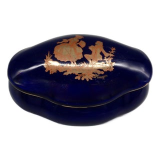 Vintage French Limoges Cobalt Blue Trinket Box — Gilt Courting Scene, 20th Century For Sale