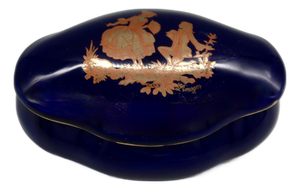 Vintage French Limoges Cobalt Blue Trinket Box — Gilt Courting Scene, 20th Century
