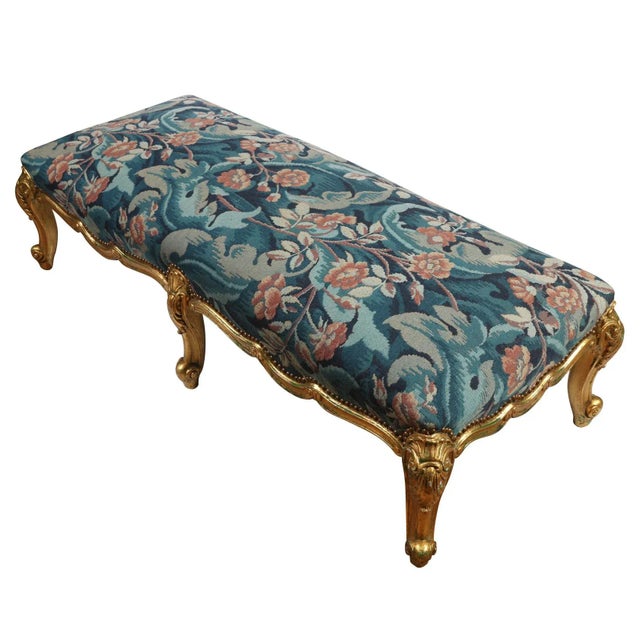 Carved White Oversized Ottoman With Aqua Fabric in Louis XV Style For Sale - Image 4 of 5