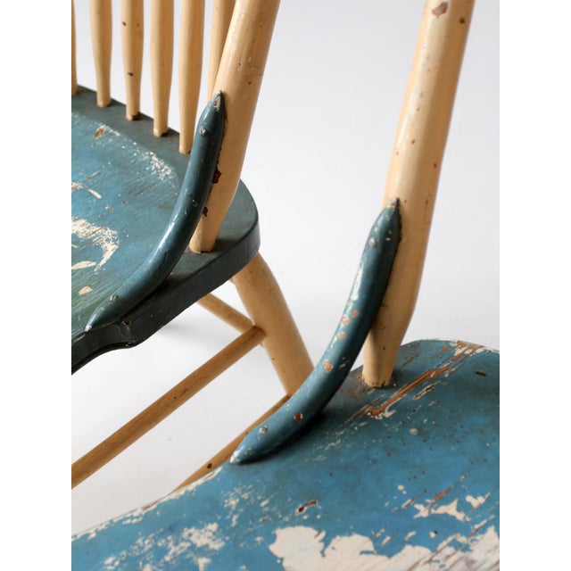 Blue Antique Folk Art Painted Farmhouse Chairs Pair For Sale - Image 8 of 18