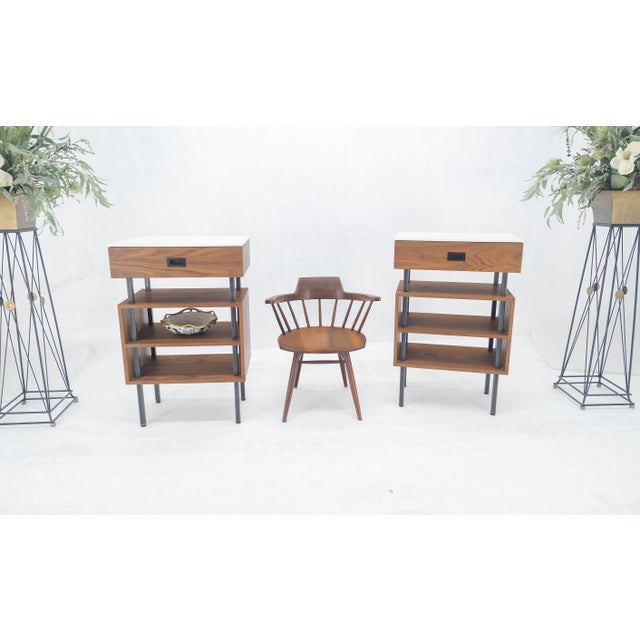 Pair of Oiled Walnut 1 Drawer 3 Tier Side End Tables Stands Composite Top Mint! For Sale - Image 13 of 14