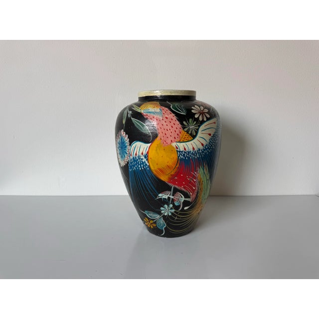 Mid-Century Modern 1980’s Vintage Tropical - Folk Art Hand-Painted Terracotta Vase – Unsigned For Sale - Image 3 of 12
