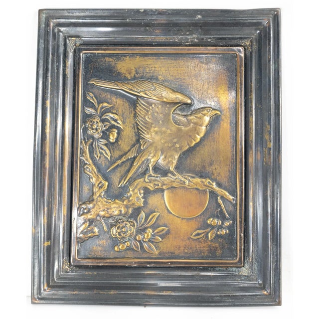 Metal Mid 20th Century Japanese Asian Style Pressed Brass Plaque With Hawk For Sale - Image 7 of 7