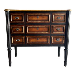 Lexington Haley and Carter Hand Detailed Georgian Style 3-Drawer Commode With Semi Circle Corners and Gold Trim For Sale