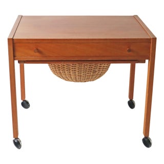 Sewing Side Table with Rattan Basket, Denmark, 1950s For Sale