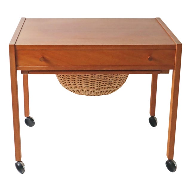 Sewing Side Table with Rattan Basket, Denmark, 1950s For Sale