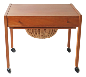 Sewing Side Table with Rattan Basket, Denmark, 1950s