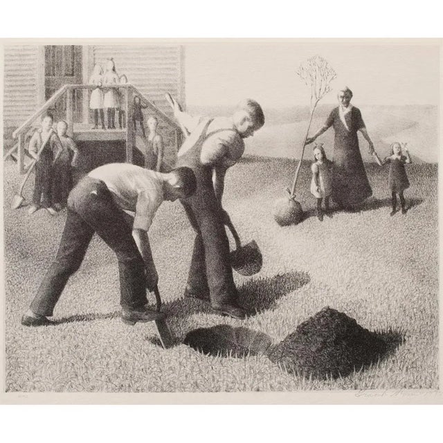 Gray 1939 After Grant Wood "Tree Planting Group", First Edition Period Lithograph For Sale - Image 8 of 9