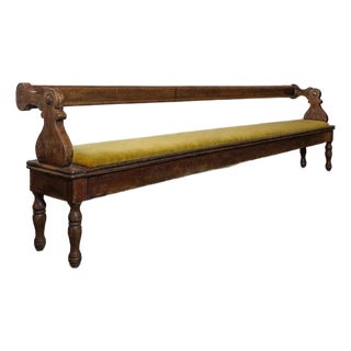 Antique Wood and Velvet Bench, 9 Feet Long For Sale