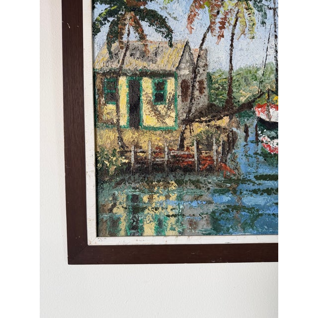 Vintage Caribbean Tropical Coastal Landscape Oil on Canvas Painting, Framed For Sale - Image 9 of 13
