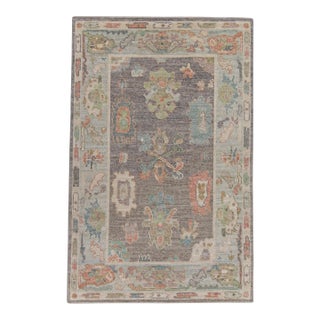 Turkish Oushak Rug Gray Multi Color Hand Knotted Wool Rug 4' X 6'1" For Sale