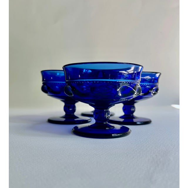 American Mid Century Set of Four Colony Glass Company Crown Cobalt Pressed Glasses. Champagne. Margaritas. Dishes. Tall...