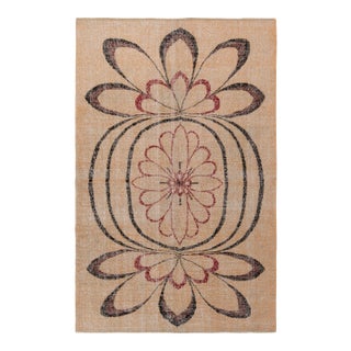 Hand-Knotted Vintage Mid-Century Distressed Rug, Beige, Black Red Deco Medallion For Sale