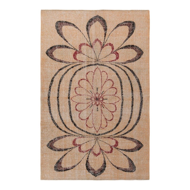 Hand-Knotted Vintage Mid-Century Distressed Rug, Beige, Black Red Deco Medallion For Sale