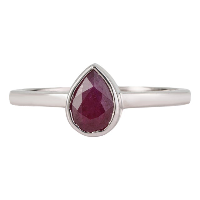 Minimalist Bezel Set Pear 0.8 Ct Red Ruby Solitaire Ring in 925 Solid Silver Size 6.5 For Sale
