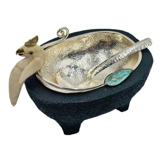 Emilia Castillo Cockatoo Silver Bowl With Volcanic Rock Base, 1980s For Sale