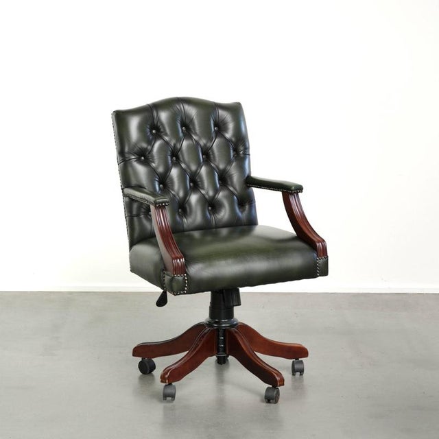 Chesterfield English Height Adjustable Green Cowhide Leather Office Chair with Swivel and Tilt Function For Sale - Image 13 of 13