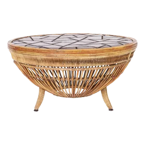 Drum Form Rattan and Leather Coffee Table