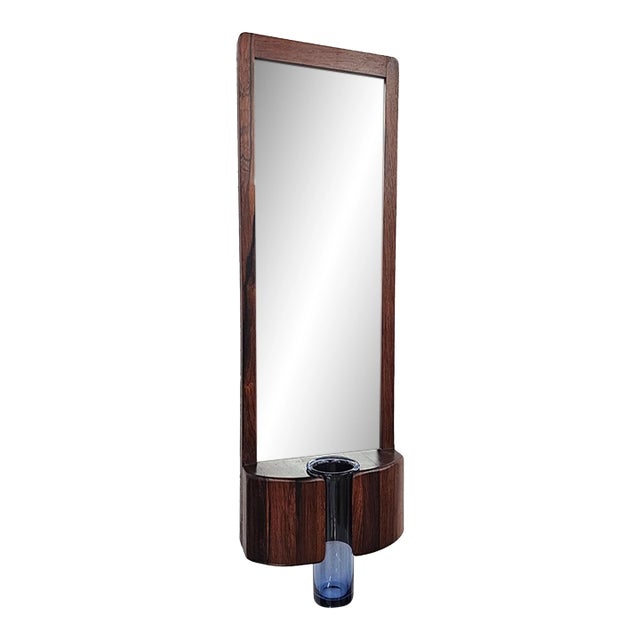 Danish Modern Rosewood Mirror With Blown Glass Bud Vase by Jacob Hermann for Randers Mobelfabrik For Sale