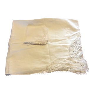 Vintage Square Linen Cloth With Napkins, 7 Pieces For Sale