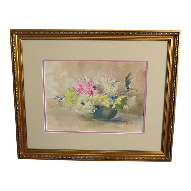 Antique Emily F. Mann Floral Still-Life Watercolor Triple Matted Gilt Framed For Sale