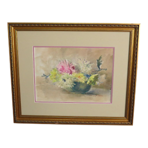 Antique Emily F. Mann Floral Still-Life Watercolor Triple Matted Gilt Framed