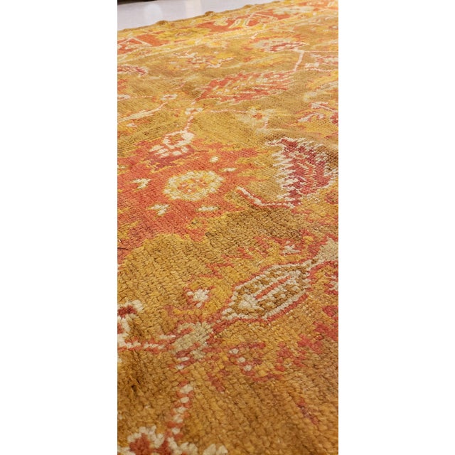Antique Oushak Carpet, Oriental Rug, Handmade Green, Saffron, Ivory and Coral For Sale - Image 10 of 18
