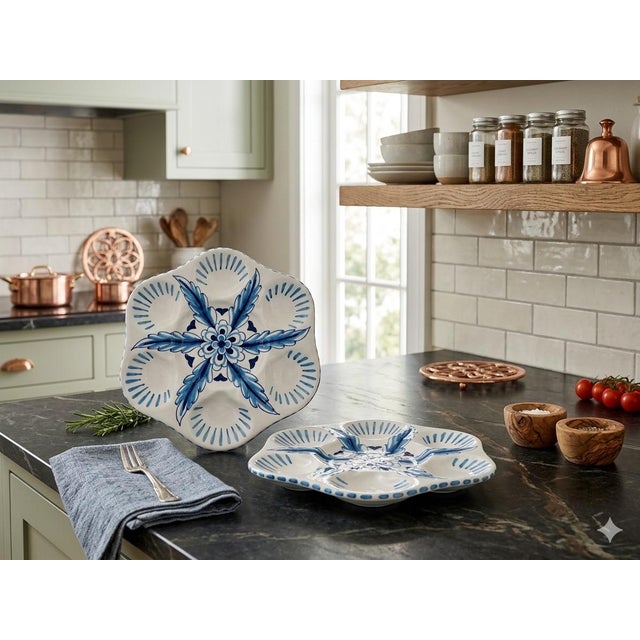2000 - 2009 Pair Mid-Century Inspired Italian Ceramic Oyster Plates by Les-Ottomans For Sale - Image 5 of 12
