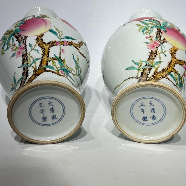 Chinese Pair of Mid 20th Century Yongzheng Style Chinese Export Porcelain Vases With Peach Tree Designs For Sale - Image 3 of 6