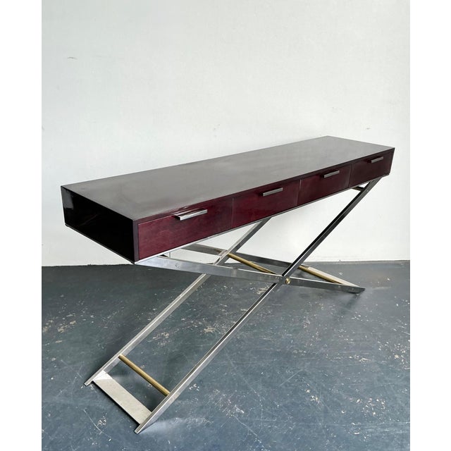 Wood Vintage Chrome and Wood Console Table With Brass Accents For Sale - Image 7 of 12