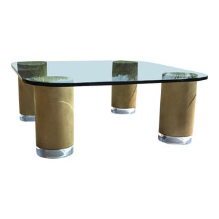 Mid Century Modern Faux Finish and Lucite Cylinder Column Square Coffee Table For Sale