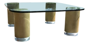Mid Century Modern Faux Finish and Lucite Cylinder Column Square Coffee Table