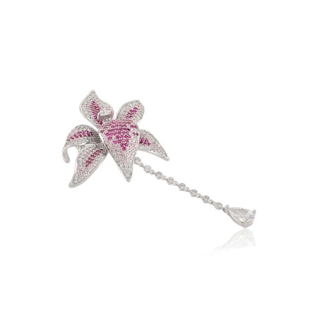 Art Deco 925 Silver Flower Brooch Pin With Moving Dangling Cz Diamond Charm For Sale - Image 3 of 14