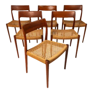 Set of 6 Model 77 Dining Chairs in Teak & Paper Cord by Niels O. Møller for j.l. Møllers Møbelfabrik Modell 77, Denmark, Circa 1960s