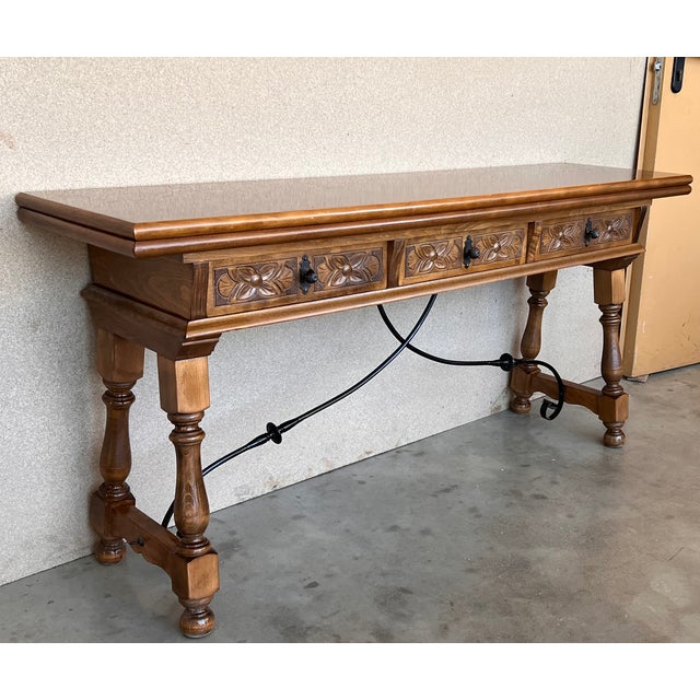 1900 - 1909 Early 20th Century Spanish Fold Out Console Table With Iron Stretcher & 3 Drawer For Sale - Image 5 of 9