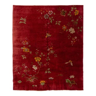 Antique Red Art Deco Chinese Handmade Wool Rug For Sale