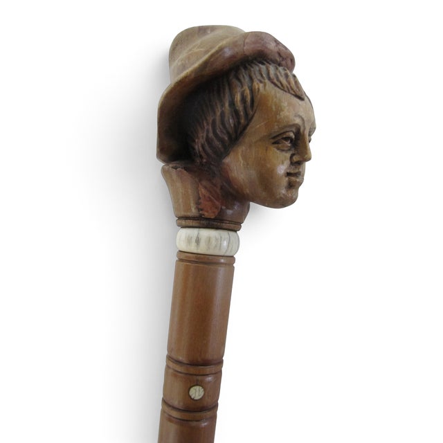 Antique Folk Art Hand Carved Wood Young Male Alpine Hat Boy Walking Stick Cane For Sale - Image 4 of 9
