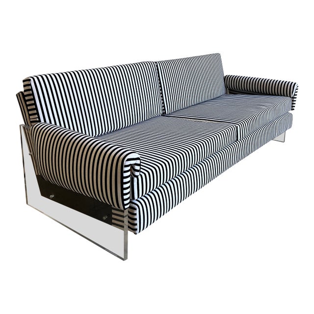 Newly Upholstered Mid Century Velvet Stripe and Lucite Sofa For Sale