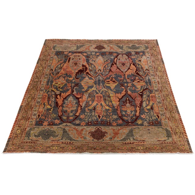 Modern Modern Bidjar Style Hand-Knotted Wool Rug –Botanical Motifs in Blue & Terracotta For Sale - Image 3 of 11
