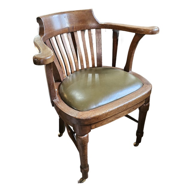 Antique Edwardian Oak Office Chair on Casters For Sale
