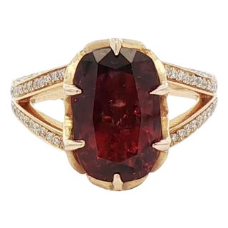4.69 CTW Mid-Century Style Diamond & Burmese Ruby 18k Yellow Gold Halo Ring, Size 6 For Sale