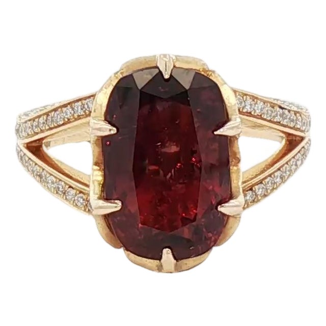 4.69 CTW Mid-Century Style Diamond & Burmese Ruby 18k Yellow Gold Halo Ring, Size 6 For Sale